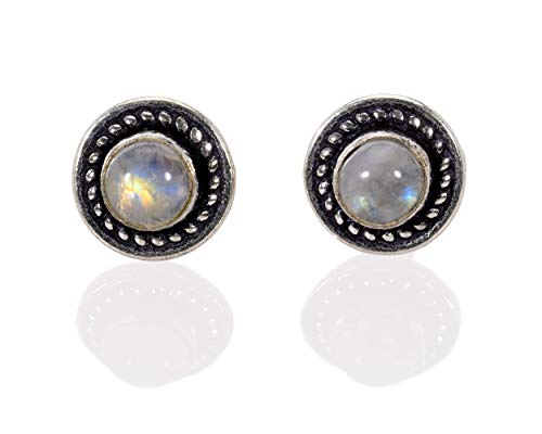 Moonstone Stud Earrings, Silver Post Earrings, Pair of Small Round Button Ear Studs with Grey Gemstone, Boho Ethnic Tribal Jewelry Gift for Women.