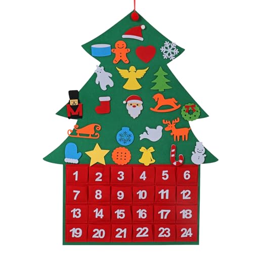 LEACOOLKEY Calendário De Advento De Natal Diy Calendário De Advento De Feltro Com Bolsos Pendurados Calendário De Contagem Regressiva Reutilizável Para Crianças Decorações De Natal Presentes(Árvore De