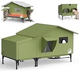 PELUOMOZ Outdoor Heated Cat House with Feeding Station – Waterproof Insulated Shelter for Feral Cats, Dual-Chamber Winter Cat House with Removable Heating Pad, Dual Feed Holes & Escape Door – Green