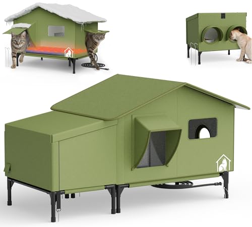 PELUOMOZ Outdoor Heated Cat House with Feeding Station – Waterproof Insulated Shelter for Feral Cats, Dual-Chamber Winter Cat House with Removable Heating Pad, Dual Feed Holes & Escape Door – Green