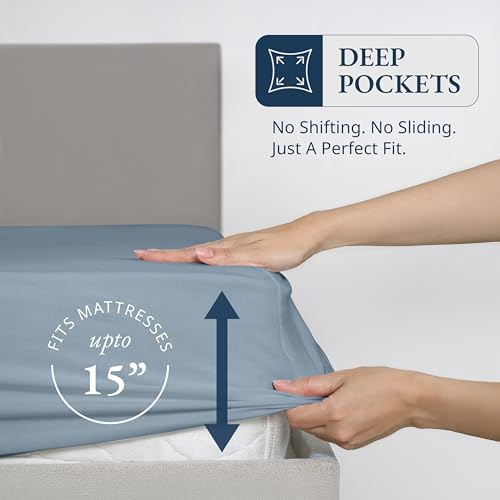 Lane Linen 100% Organic Cotton Twin Size Fitted Sheet Only (39"x75") - Super Soft 100% Cotton Twin Fitted Sheet - Lightweight & Durable Cotton Bed Sheet - French Blue