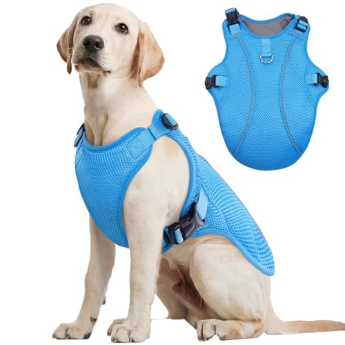 Kuoser Dog Cooling Vest for Large Dogs, Lightweight Doggie Cooler Jacket Breathable Mesh Pet Cooling Shirts Reflective Puppy Cool Harness for Beach, Hiking, Walking Blue XXL XXL (Chest Girth