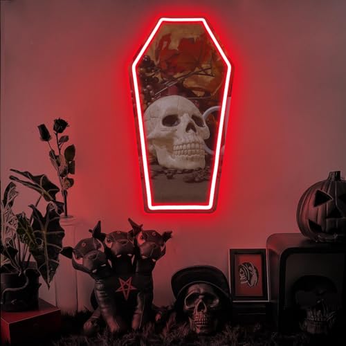 Image of Coffin Mirror Neon Sign, Coffin Neon Signs for Wall Decor, Goth Neon Sign Gift for Goth Lovers, Coffin Make-up Mirror Whimsical Goth Home Decor 17″x9.44″