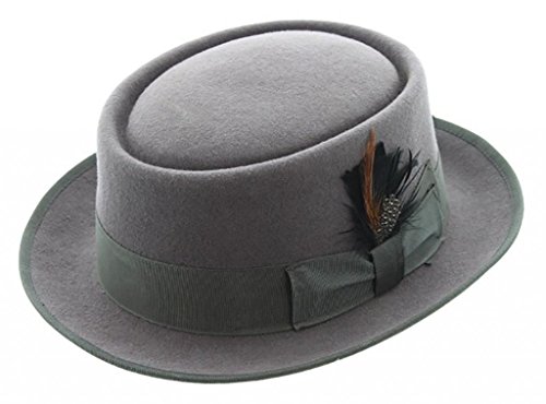 Milani Porkpie Fedora Wool Felt Hat W/Grosgrain Band and Feather Detail Grey