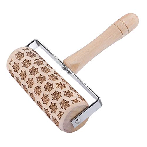 Iusun Christmas Wood Rolling Pin Push Type Engraved Embossing DIY Xmas Snowflake Pattern for Baking Embossed Cookies Noodle Biscuit Fondant Cake Kitchen Tool (A)