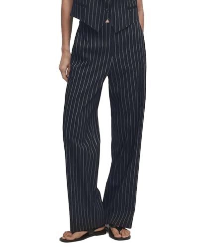 Women's Straight Leg Striped Pants High Waist Business Work Casual Pinstripe Long Palazzo Trousers with Pockets
