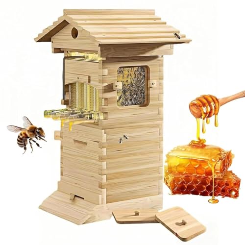 Beehive Starter Kit, Self-Flowing Honey Beehive with Observation Window and Honey Spout, Includes Carpenter Bee House, for Garden Pollinators