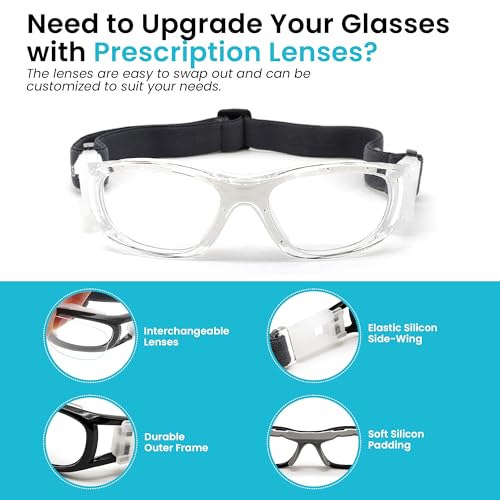 BLUE CUT Safety Basketball Goggles For Kids for Outdoor Sports Activities Soccer Football Anti Fog Replaceable to Prescription Lenses (White)