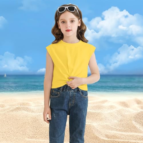 Image of Girls Twist Front Tunic T-Shirt Cute Short Sleeve Tees Summer Blouse for Girls 5-14 Years Yellow