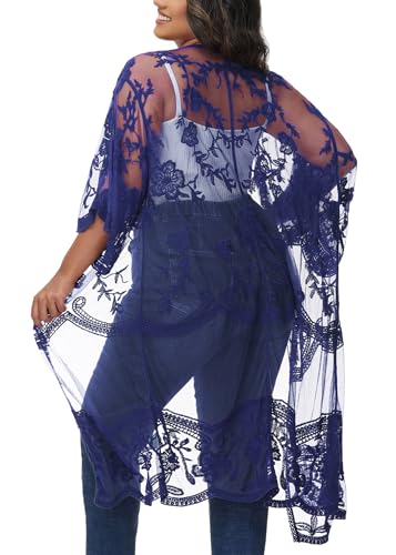Image of Anna-Kaci Women's Plus Size Lace Cardigan Embroidered Long Kimono Dusters with Half Sleeves