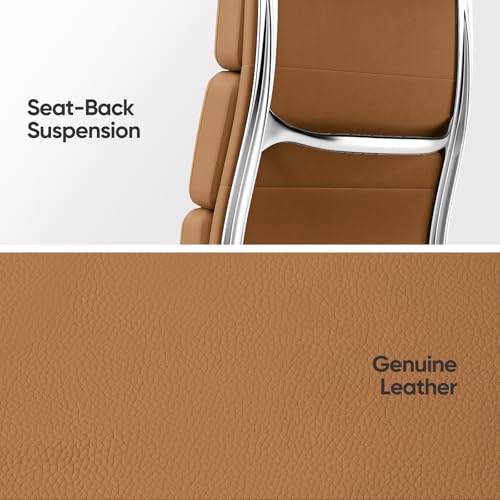 Image of Genuine Leather Office Chair, Padded Executive Desk Chair with Arms, Wheels, Lumbar Support, Aluminum Base (Light Brown, High-Back)