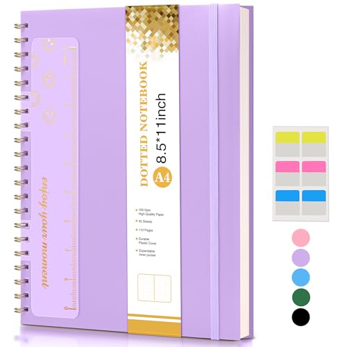 Dotted Notebook, Spiral Notebook Journal 8.5” x 11”, A4 Large Dot Grid Notebooks for Women Men, 100 GSM Dotted Paper, Plastic Hardcover Spiral Bullet Dotted Journals for Work School Sketching, Purple