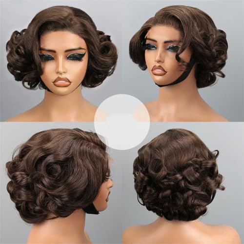 -*-Bob Wig Human Hair Pre Cut Glueless HD Lace ClosureWigs, Big Curly Mature Boss Left C Parted Frontal Wig For Women