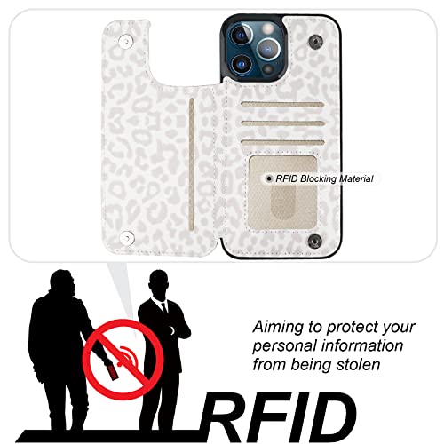 Image of HAOPINSH for iPhone 13 Pro Max Wallet Case with Card Holder, White Leopard Cheetah Pattern Back Flip Folio PU Leather Kickstand Card Slots Case for Women Girls, Double Magnetic Shockproof 6.7 inch