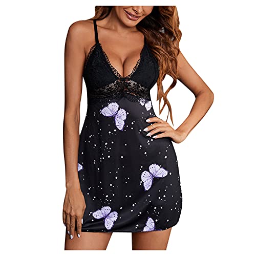 LAOLUO Pyjama Sexy Robe de Nuit en Dentelle à Fine Bretelles Femme Satin Mini Robes Col V Temptation Transparent Chemises de Nuit Évider Chic Jupe Fendue Hot Grande Taille Deshabillés Nuisette Cover