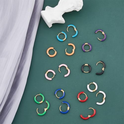 DICOSMETIC 9 Pairs Enamel Hoop Earring 15-16mm Colored Hoop Earrings 18K Gold Plated Huggie Hoop Earrings Small Cute Statement Earrings Stainless Steel Earrings Set Fashion Jewelry for Women 6