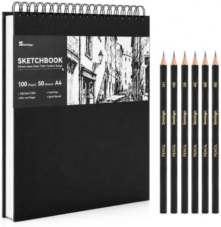SimSign Skizzenbuch A4 mit 6 Profi-Skizzenstiften, Sketchbook mit 200g Papier, 50 Blatt/100 Seiten, Zeichenblock Spiralbindung, Hartkarton-Cover & Perforation, für Zeichnen, Sketch