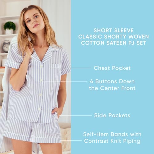 Image of Bed Head PJs Women's Short Sleeve Woven Cotton Sateen Shorty Pajama Set - Organic, Soft, Lightweight, Classic Fit Sleepwear