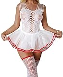RSLOVE Sexy Lingerie for Women - Lace Babydoll Outfits 3 Piece Fishnet Bodysuit and Mini Skirt with Stockings White One Size