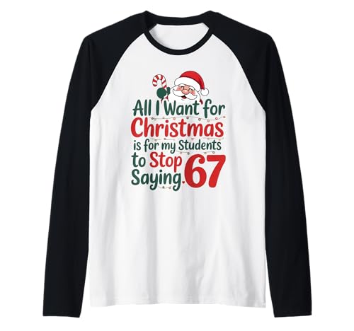 Funny Teacher 67 Meme Christmas Math Students Santa Raglan Baseball Tee
