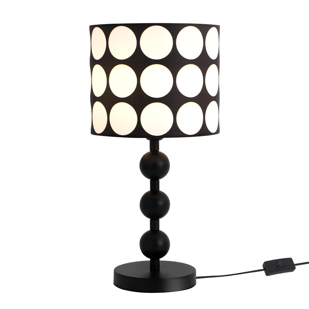 Lampada da Tavolo con Sfere Bianche e Nere, Paralume in Plastica con Motivo a Pois, Diametro 25 cm, Attacco E27, Lampadina non Inclusa
