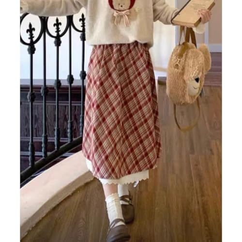 Y2K Sweet Wind Red Plaid Half Length Skirt with Women's Lace, High Waist, Slim Look, Medium Length Skirt3