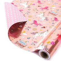 WERNNSAI Unicorn Gift Wrapping Paper Roll - 1 Roll 17\u201D x 33 ft Baby Girl Pink Wrapping Paper for Kids Unicorn Birthday Party Decor Supply, Reversible Metallic Foil Dots Design Dream Princess Style