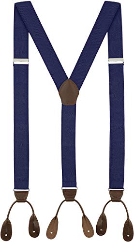 Fashion Accessories Leather Tuxedo Suspenders for Men: Button Pant Braces Clothes Accessory with Elastic, Y Back Design - (Navy Blue)