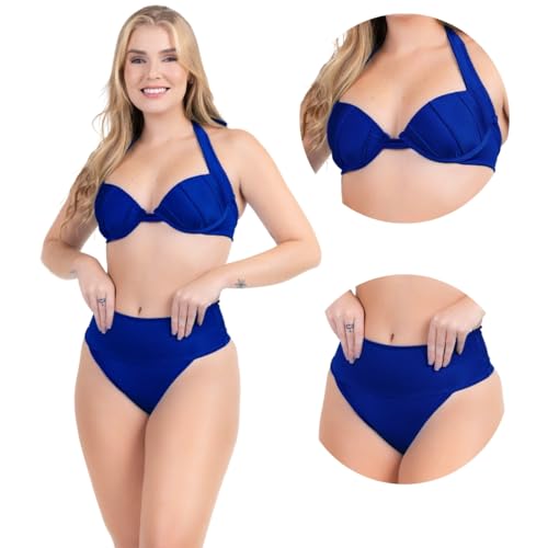 Biquíni Feminino Moda Praia Cintura Alta Efeito Chapa Barrida Alças Alta Sustentação Trilobal Liso C