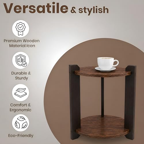 Image of Yookeer Round Coffee Table with 2-Tier Storage Shelf, Walnut Wood Top with Black Metal Legs, 30x36 cm