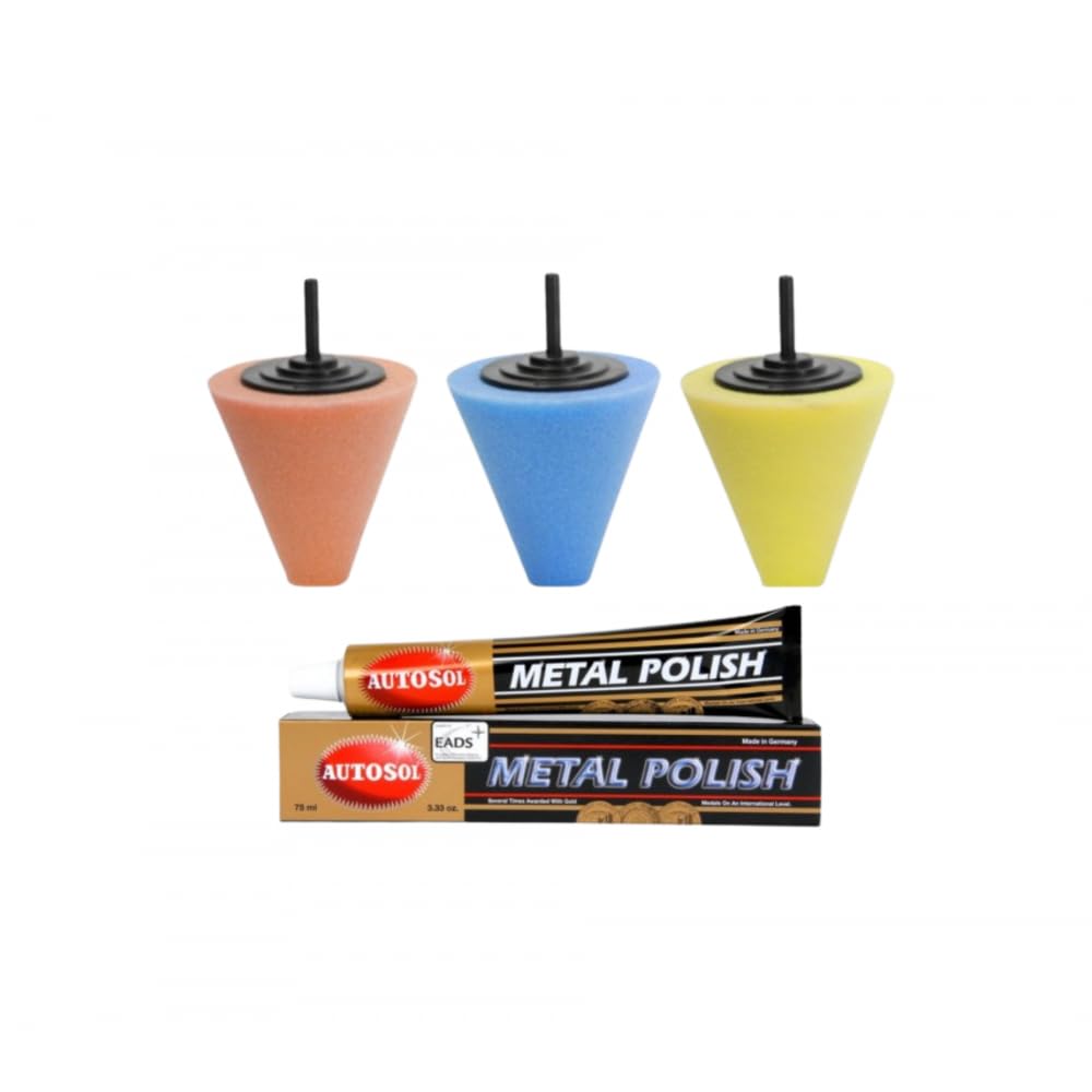 Lux Metal - Kit Lucidante 3 Coni Spugna (Arancio, Blu, Giallo) + 1 Metal Polish Autosol - Pulizia e Lucidatura di Cromature, Vernici, Metalli e Alluminio per Finitura Perfetta