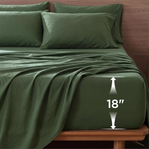 Image of Bedsure Deep Pocket Twin Sheets - 4 Piece, Prewashed Ultra-Soft Twin Sheets Set, Fits Mattresses Up to 18 Inches Thick, Breathable & Secure Fit, Hotel Luxury Bedding, Olive Green