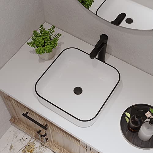 Deervalley 15'' X 15'' Bathroom Sinks, Vessel Sink Square White Ceramic Bathroom Vessel Sinks, Bath Sink Above Counter Vanity Sink Basin Sink Bowl For Bathroom, White Body With Black Trim Dv-1V0033 #TOP7