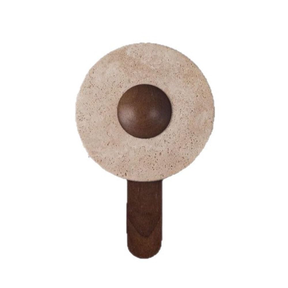 FEITENGDA Japanese Modern Round Travertine Wall Sconce Minimalist Stone Disc Backlit Wall Lamp Dark Wood Arm Hardwired Wall Light Fixture for Bedroom Living Room Hallway Accent