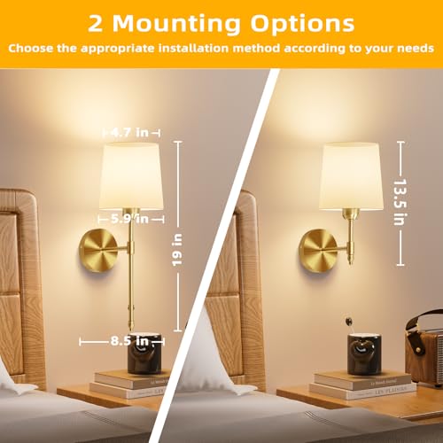 Image of Ouyulong Battery Operated Wall Sconces Set of 2, Wireless Rechargeable Dimmable Wall Light with 5600mAh RGB Bulb and Remote for Bedroom, Living Room, Hallway, Gold, 19in