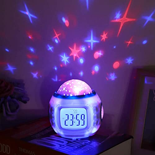 TKMARS Proiettore Stelle Soffitto Bambini,Sveglia per Bambini con Proiettore Stellato,Luce Notturna a LED con Musica, Orologio con Data/ora, 7 Colori Chiari Regalo di Natale e Compleanno