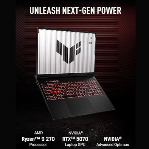 Image of ASUS TUF A16 Gaming Laptop, AMD Ryzen 9 270(up to 5.2 GHz), NVIDIA GeForce RTX 5070, 16 inch FHD+ 165 Hz 300Nits Display, 32GB DDR5, 1TB SSD, Backlit Keyboard, Windows 11 Pro, WiFi 6E, w /Accessories