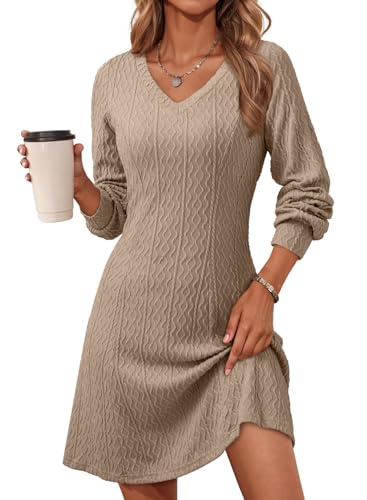 Dokotoo Sweater Dress for Women Long Sleeve Fall Winter Dresses for Women 2026 V Neck Elegant Modest Womens Knit Dress Ladies Church Clothes Family Photo Outfits A Line Short Brown Sweater Dresses L