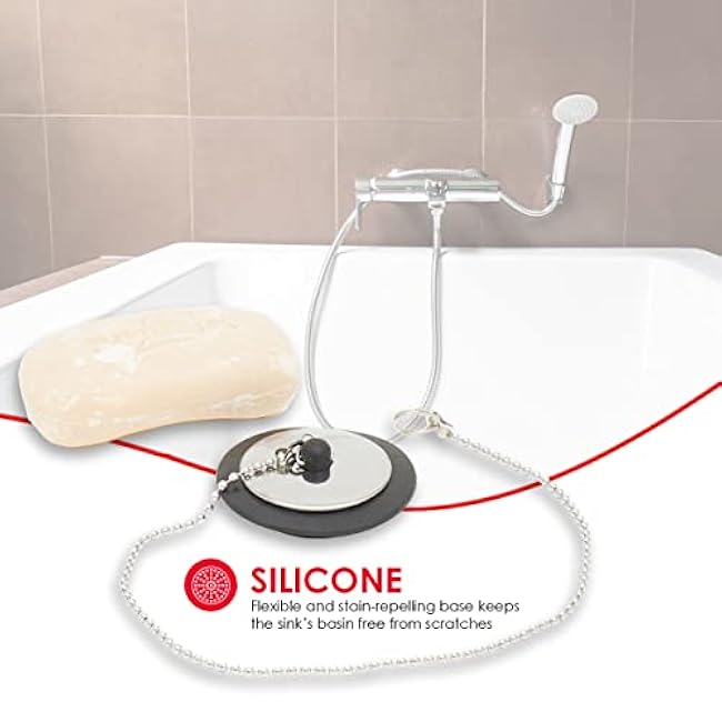 Home Basics Sink Stopper with Chain | Easy Removal with Chain | Sturdy Steel & Silicone