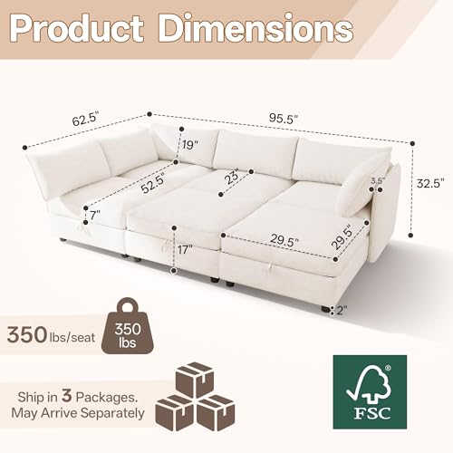 Image of 95.5 inch Chenille Modular Sectional Sofa Bed Hidden Storage, Convertible L U Shaped Sleeper Couch, 6 Seat Modern Modular Sectional Sofa with Removable Covers & Ottoman Chaise, for Living Room, Beige
