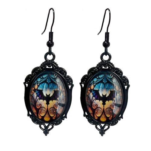 Gothic Halloween Cameo Earrings Vintage Crystal Glass Witch/Raven/Bat/Tree Dangle Earring Punk Style Dark Earring Goth Victorian Earrings Halloween Jewelry for Women (Bat)