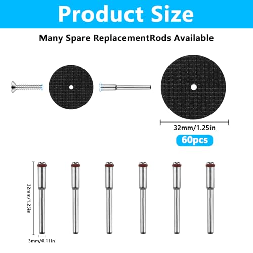 60 Stück Trennscheiben Kompatibel mit Dremel Zubehör, 32mm Trennscheibe für Rotationswerkzeug Zubehör, Trennscheiben Set für Metall Stahl und mehr, Schneidräder mit 6 STK 3mm Mandrels