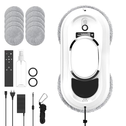 Robot Limpiacristales 5600Pa, Robot Limpia Cristales Ventanas con 3 Modos de Limpieza, Sistema de Seguridad, Detección Inteligente de Bordes, Control Remoto y 10 piezas de tela, para Superficies Lisas