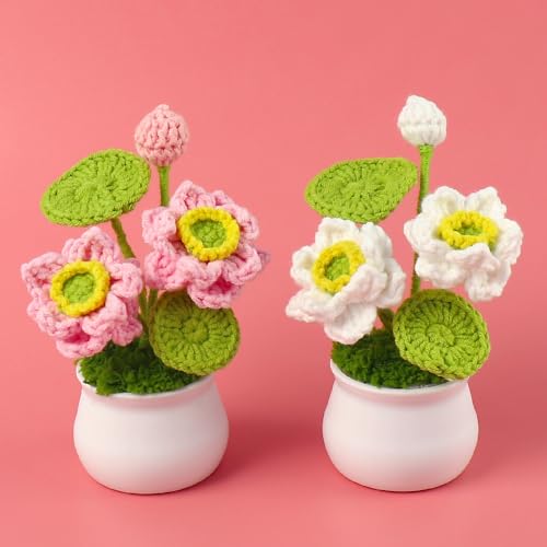zbstream Ramo de flores de loto de ganchillo, 2 piezas de flores de loto tejidas a mano, flores pequeñas en maceta, flores de punto para el salpicadero del coche, decoración del hogar, oficina