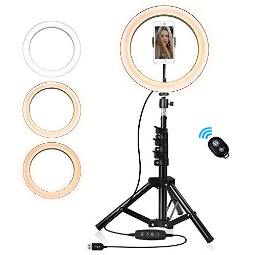10-inch Selfie Ring Light with Tripod Stand & Cell Phone Holder, Dimmable Camera Light for Makeup Video Vlog,3 Colors Optional - Warm,White,Yellow