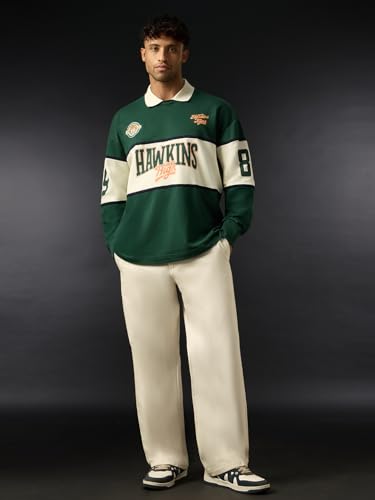 Image of The Souled Store Stranger Things: Hawkins High Men and Boys Long Sleeve Spread Collar Dark Green Graphic Printed Casual Lightweight Drop Shoulder Streetwear Cotton Oversized Polos
