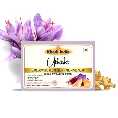 Image of Khadi Sandalwood & Saffron Handmade Bathing Soap Bar 125g | Natural & Herbal | Deep Cleansing for Glowing & Brightening Skin | Evens Out Skin Tone | All Skin Types | Men & Women