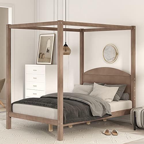 Harper & Bright Designs Full Size Canopy Bed Frame, 4-Post Canopy Platform Bed Frame with Headboard, Solid Wood Full Bed Frame for Kids Teens Adults, No Box Spring Needed (Brown Wash)