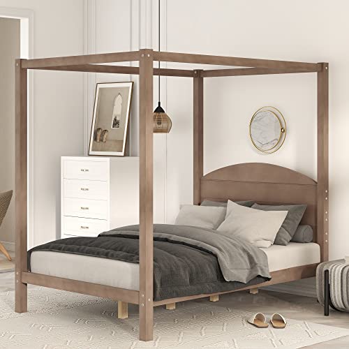 Harper & Bright Designs Full Size Canopy Bed Frame, 4-Post Canopy Platform Bed Frame With Headboard, Solid Wood Full Bed Frame For Kids Teens Adults, No Box Spring Needed (Brown Wash) #TOP28