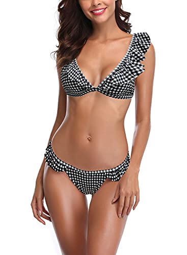 SHEKINI Women s Ruffles Flounce Cute Bikini Two Piece Swimsuit Bathing Suits (Lattice Black, Small)
